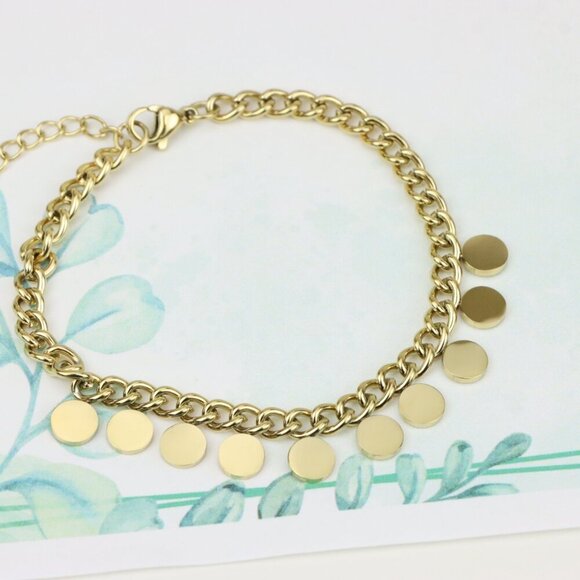 Chic Yellow Gold Bracelet with Round Disc Charms and Adjustable, XPBL0714 - Picture 5 of 12